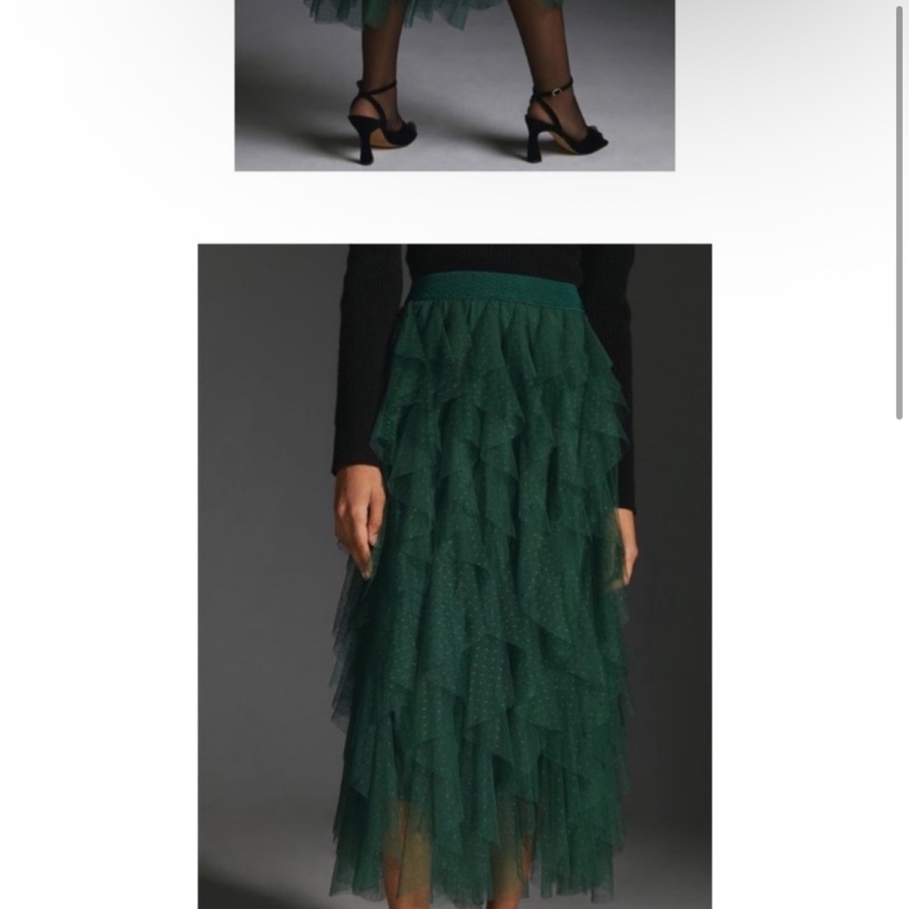 Anthropologie Green Ruffled Midi Skirt
